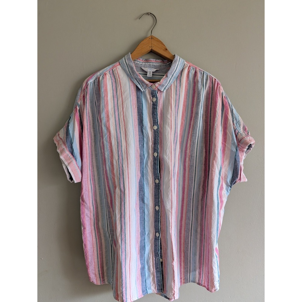 Time and Tru Striped Linen Button Up Shirt 3XL Colorful Short Sleeve Lightweight